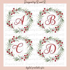 christmas wreath monograms with red berries and green leaves