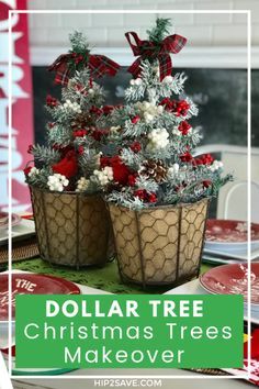 dollar tree christmas trees makeover with red and white ornaments in baskets on top of a table