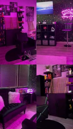 purple lighting in a living room with black furniture