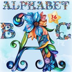 an artistic font with flowers and swirls in the uppercase, lowercase and lowercase letters