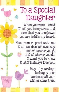 a greeting card for a special daughter with flowers and birds on the side, in pink and yellow stripes