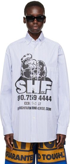 Sky High Farm Workwear: Blue SHF Chicken Shirt | SSENSE Mens Fasion, Chicken Shirt, Shirt Stripes, Chicken Shirts, Pocket Logo, Cotton Poplin Shirt, Design District, Poplin Shirt, Sky High