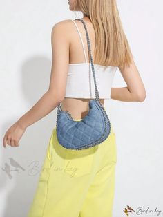 Bird in Bag - Geometric Pattern Denim Shoulder Bag with Metal Accents Trendy Large Capacity Denim Shoulder Bag, Trendy Denim Blue Hobo Shoulder Bag, Trendy Hobo Bag With Pockets, Trendy Denim Blue Shoulder Bag For Everyday, Trendy Rectangular Denim Shoulder Bag, Trendy Spring Bag With Pockets, Trendy Denim Hobo Shoulder Bag, Trendy Denim Blue Hobo Tote Bag, Trendy Denim Bags With Zipper Closure