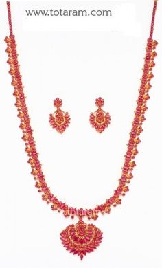 22K Gold Ruby Long Necklace & Drop Earrings Set - 235-GS988 in 92.000 Grams Ruby Haram, Gold Ruby Necklace, Ruby Jewelry Necklaces, 22k Gold Necklace, Indian Wedding Jewelry Sets, Gold Bride Jewelry, Gold Fashion Necklace, Buy Necklace, Bridal Gold Jewellery Designs