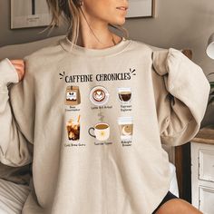 The Caffeine Chronicles Sweatshirt features fun coffee-themed graphics, perfect for coffee lovers who enjoy a good cup of joe every day.  Great for Special Occasions or Casual Comfort Days.  This cozy sweatshirt is made with a medium-heavy fabric blend of 50% cotton and 50% polyester, with a classic fit and crew neckline for a comfy wearing experience. It is suitable for those colder months and provides top-tier durability with double-needle stitching at key seams. The tear-away label ensures itch-free comfort. Product features - One-piece knit design reduces fabric waste - Ribbed knit collar retains shape - 50% cotton and 50% polyester medium-heavy fabric for coziness - Classic fit and crew neckline for comfort - Ethically grown US cotton with low environmental impact dyes Care instructio Xmas Coffee, Winter Coffee, Coffee Sweatshirt, Coffee Lover Gift, Coffee Gift, Fabric Waste, Cup Of Joe, Mom Sweatshirt, Christmas Coffee