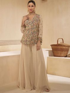 Beige and Brown color Salwar Kameez in Georgette fabric with Embroidered, Sequence work.  Shop now @ https://www.indianweddingsaree.com/product/georgette-engagement-salwar-kameez-in-beige-and-brown-with-embroidered-work-1962078 Top And Plazo, Georgette Sharara, Sharara Suits, Party Wear Lehenga Choli, Indian Designer Suits, Georgette Dupatta, Georgette Tops, Lehenga Style