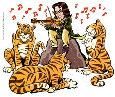 a man playing violin surrounded by tigers and music notes in the air, with one cat sitting on his back