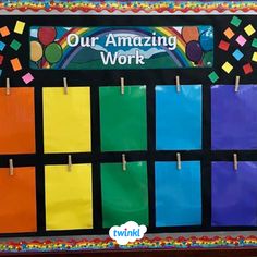 a bulletin board with colorful sticky notes pinned to it and the words our amazing work