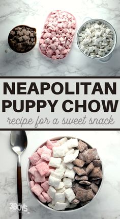 a bowl filled with marshmallows next to two bowls full of puppy chow