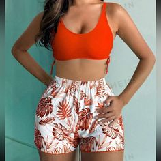 Vacation Style Summer Bikini, Orange Floral. With Bikini Top, Bottoms And Shorts. Never Worn. Orange Short Swimwear For Beach, Short Tankini For Beach Vacation, Orange Short Swimwear For Vacation, Short Beachwear Tankini For Vacation, Beachwear Style Short Tankini For Vacation, Summer Style Tankini For Vacation, Casual Short Tankini For Vacation, Ariel Swimsuit, Solid Color Bikinis