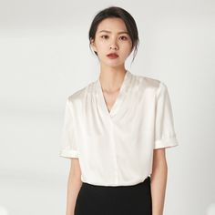 The ROUGE glossy shirt, featured pure silk elastic satin fabric. V-neck Shoulder line gathered pleats stying Calmness black, and elegant rouge Silk Shirt Blouses, Silk Clothing, Silk Sleepwear, Silk Outfit, Short Sleeve Shirt Women, Silk Shorts, Casual Work Outfits, Fantasy Inspiration, Crop Blouse