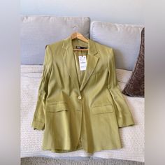 Color - Olive New With Tags Beautiful Blazer Size Small Classic Khaki Blazer For Spring, Classic Green Summer Outerwear, Neutral Summer Office Outerwear, Khaki Long Sleeve Blazer For Spring, Tailored Khaki Blazer For Spring, Classic Zara Summer Outerwear, Zara Classic Summer Outerwear, Tailored Khaki Spring Blazer, Spring Formal Khaki Blazer