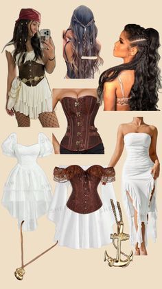 a collage of women dressed up in white and brown clothing, including a corset