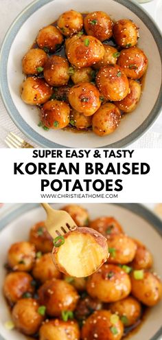 two plates with different types of food on them and the words super easy & tasty korean braised potatoes