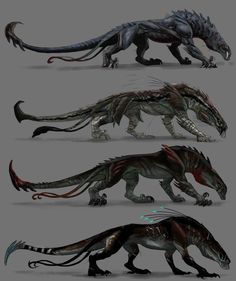 four different types of dragon like animals with long legs and claws, all in various poses