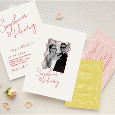 the wedding stationery is laid out on top of each other, with pink and yellow accents