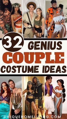 some people are dressed up in costumes and posing for the camera with text that reads, 32 genius couples costume ideas