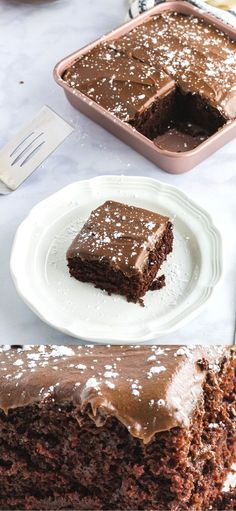 two pieces of chocolate cake sitting on top of a white plate next to each other