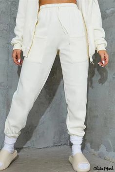 Olivia Mark - Premium Cream White Womens High-Waisted Trousers with Pockets - Stylish and Versatile Sweatshirt Women Casual, Baseball Fashion, Goth Streetwear, Ladies Short Jackets, Streetwear Jackets, White Fashion Casual, High Waist Trousers, Sweater Fabric, Shiny Pants