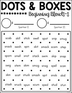 the words and numbers worksheet for dot's & boxes beginning blends