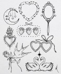 a drawing of various tattoos on paper with ink pen and marker pens, including two hearts,