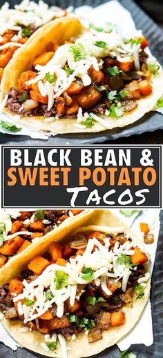 two black bean and sweet potato tacos with shredded cheese