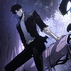 an anime character is standing next to another character in front of a purple background with white flowers