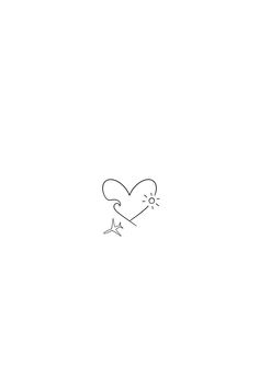 a black and white drawing of a bird flying in the air with a heart shaped balloon