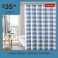 a blue and white checkered shower curtain is on sale for $ 35 or less