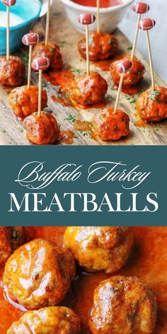 meatballs with toothpicks in them on a cutting board