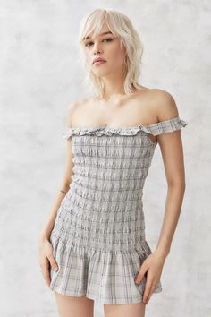 Kimchi Blue Evalina Plaid Off-The-Shoulder Mini Dress | Urban Outfitters Kimchi Blue Dress, Urban Dresses, Blue Fits, Kimchi Blue, Mini Dress Shop, Smock Dress, Kimchi, Embroidered Dress, Jumpsuit Dress