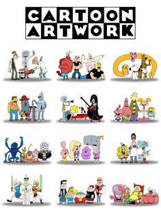 cartoon art work is shown with different characters in the same font and numbers on it