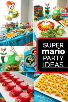 super mario birthday party with food and decorations