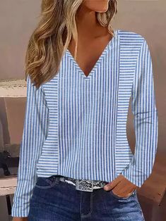 Zolucky offers stylish and concessional T-shirts.. SPU: 2942T-8U3E71, Color: Blue, Material:Knitted, Sleeve Length:Long Sleeve. Stretch V-neck Top With Graphic Print, Striped Stretch V-neck Top, Stretch V-neck Tops With Graphic Print, Casual Striped V-neck Top, Casual Blue V-neck Top, Striped V-neck Top For Fall, Fall Striped V-neck Top, Striped Tops With Graphic Print For Fall, Blue V-neck T-shirt For Fall