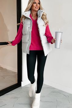 License To Chill Oversized Puffer Vest (Grey) · NanaMacs White Vest Winter, Fuzzy Vest Outfit, Chill Outfits Baddie, White Vest Outfits For Women, White Puffer Vest Outfit, Style Puffer Vest, White Vest Outfit, Red Coat Outfit, Oversized Puffer Vest