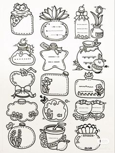 a black and white drawing of various items in the shape of flowers, plants and potted