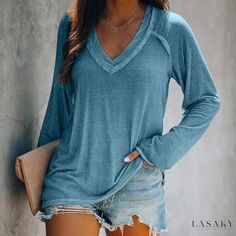 Lasaky - Soft-Colored Long Sleeve Relaxed Fit Top with Deep Plunge Plus Size Tees, Fitted Blouses, Mori Girl, Long Sleeve Casual, Collar Shirts, Long Sleeve Pullover, Nasa, Casual Tops, Casual Shirts