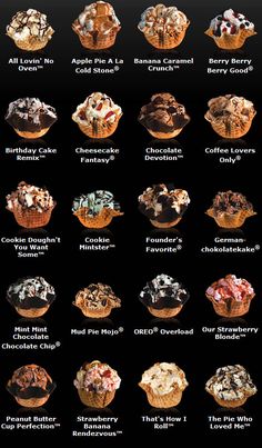 a poster with different types of desserts in it's bowls on a black background