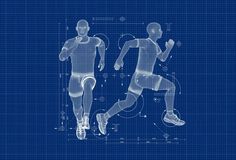 a blueprinted image of two men running in the same direction, with their feet apart from each other