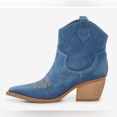 Super Cute Denim Bootie That Will Go With Anything! Perfect For Concert Or Any Country Themed Event Or Costume! Denim Blue Pointed Toe Denim Boots, Spring Denim Blue Denim Boots, Summer Denim Boots With Pointed Toe, Blue Denim Boots With Pointed Toe, Casual Denim Blue Pointed Toe Boots, Dark Wash Denim Boots With Round Toe, Western Denim Boots With Round Toe, Denim Boots With Round Toe For Fall, Denim Round Toe Boots For Fall