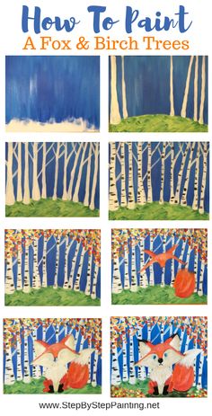 how to paint a fox and birch trees with step by step instructions for children's art