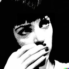 a black and white photo of a woman covering her mouth