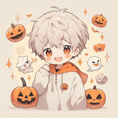 an anime character with pumpkins and ghost faces on the wall behind him, in front of