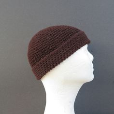 "I hand crocheted this docker cap with lightweight cotton/ linen blend yarn...it measures 6\" long with the cuff folded up (fitting just above your ears) and 7 1/4\" long with the cuff unfolded-this will fit (or stretch to fit) most average size heads (20\"- 23\" in circumference). 6\"= 15.25 centimeters long 7 1/4\"= 18.79 centimeters long 20\"- 23\"= 50.80- 58.42 centimeters in circumference this hat was made with care, attention to detail and nice quality cotton/ linen blend yarn which is per Docker Hat, Beanie Crochet, Watch Cap, Handmade Gift Tags, Espresso Brown, Belgian Linen, Skull Cap Beanie, Hand Crochet, Mens Summer