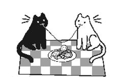 two cats sitting at a table with food in front of them, one cat is eating