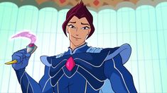 an animated character holding a wand in her hand and wearing a blue suit with pink accents