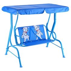 a child's blue swing with two dogs on the front and back, attached to it