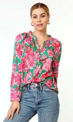 Button Down Blouse Featuring an All Over Floral Print Color: Pink/ Green 100% Polyester Hand Wash Cold/ Dry Flat Fits True to Size One Shoulder Jumpsuit, Luxury Women Fashion, Top Floral, Floral Print Blouses, Black Dress Pants, Effortless Chic, Low Iron, Long Blouse, Pattern Floral