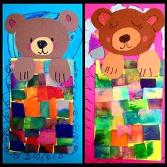 two pictures of teddy bears made out of colored paper and torn up pieces of construction paper