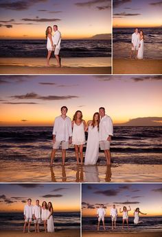 a couple and their family posing for pictures on the beach at sunset in front of the ocean